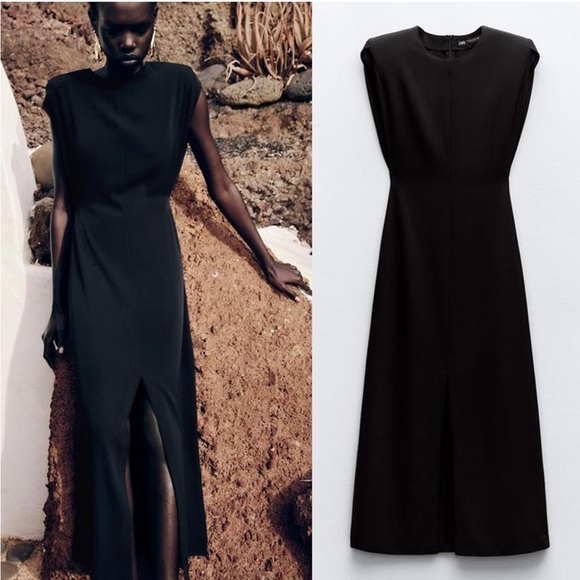 ZARA Shoulder Pad Crepe Midi Dress Black Fitted waist shoulder pads Size S NWT - Picture 4 of 16